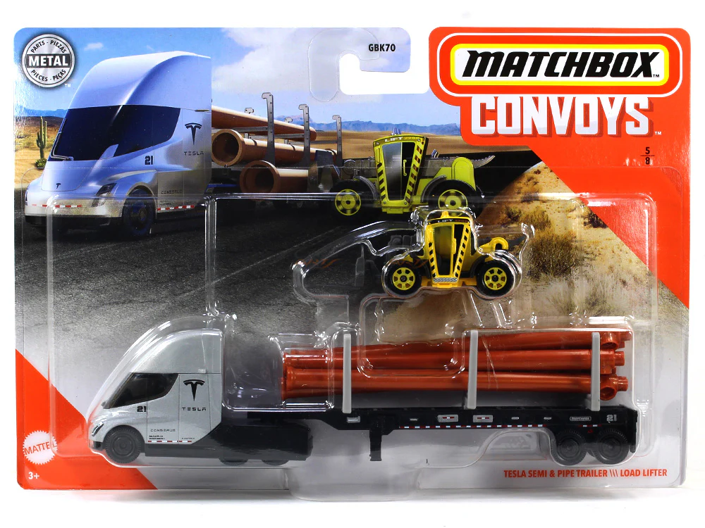 Tesla Semi & Pipe Trailer Load Lifter 1:64 Matchbox collectible scale model car