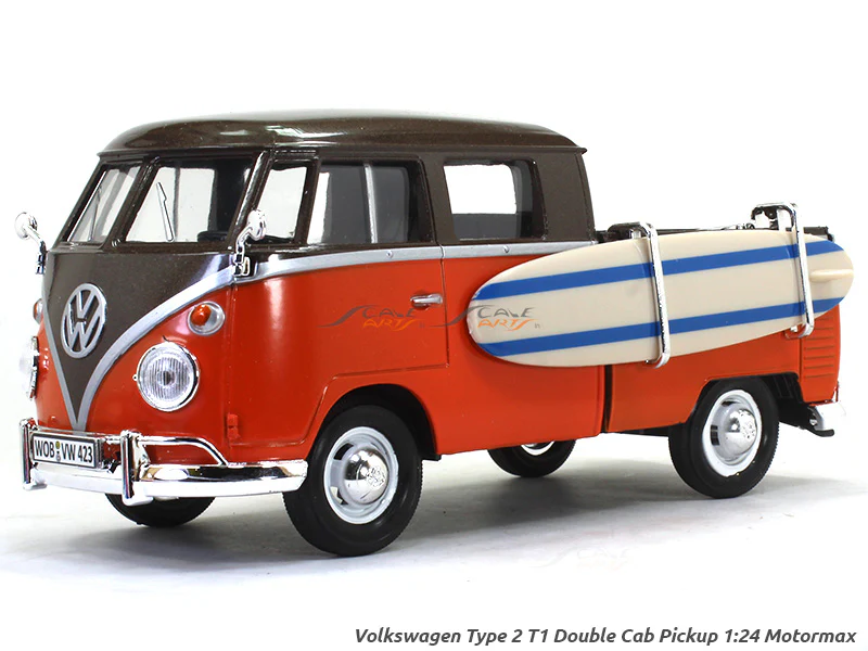 Volkswagen Type 2 T1 Double Cab Pickup with surfboard 1:24 Motormax diecast scale model car